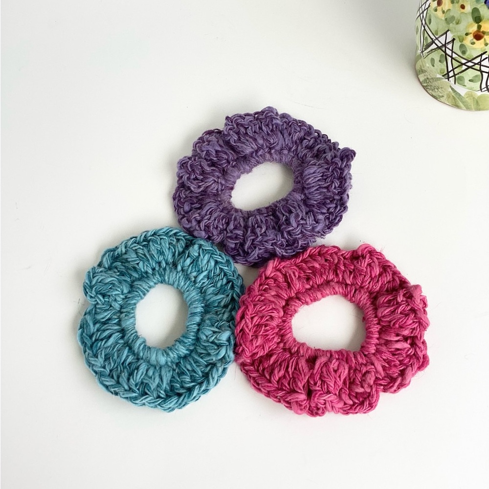 Hair Accessories Scrunchies Hand Crafted Mohair Silk Blue Purple Mauve Crochet - Picture 3 of 11
